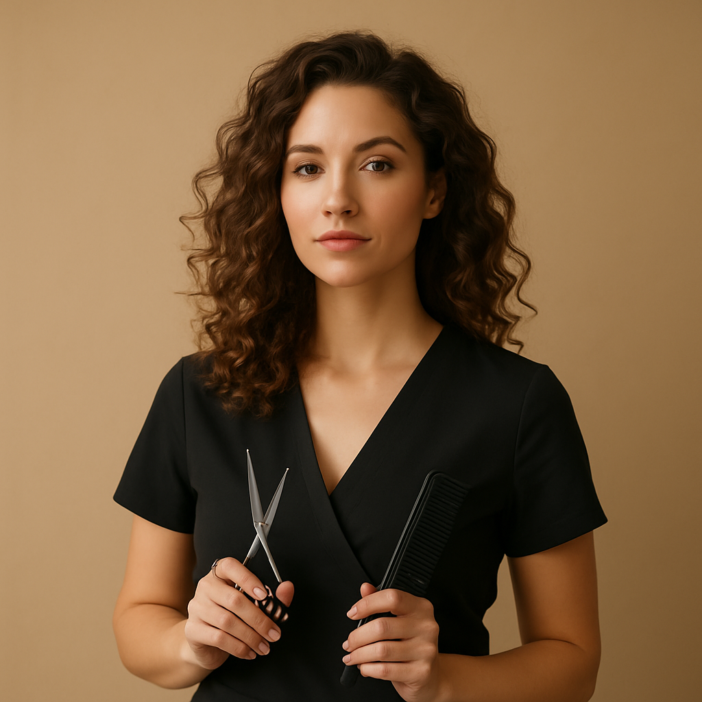 Portrait of confident female stylist with natural makeup and glossy curly hair against simple warm beige background under soft natural lighting.