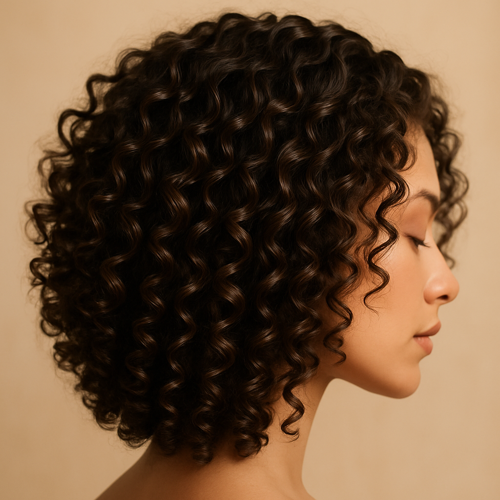 Close-up of healthy defined curly hair with radiant shine against soft warm beige background under natural lighting.