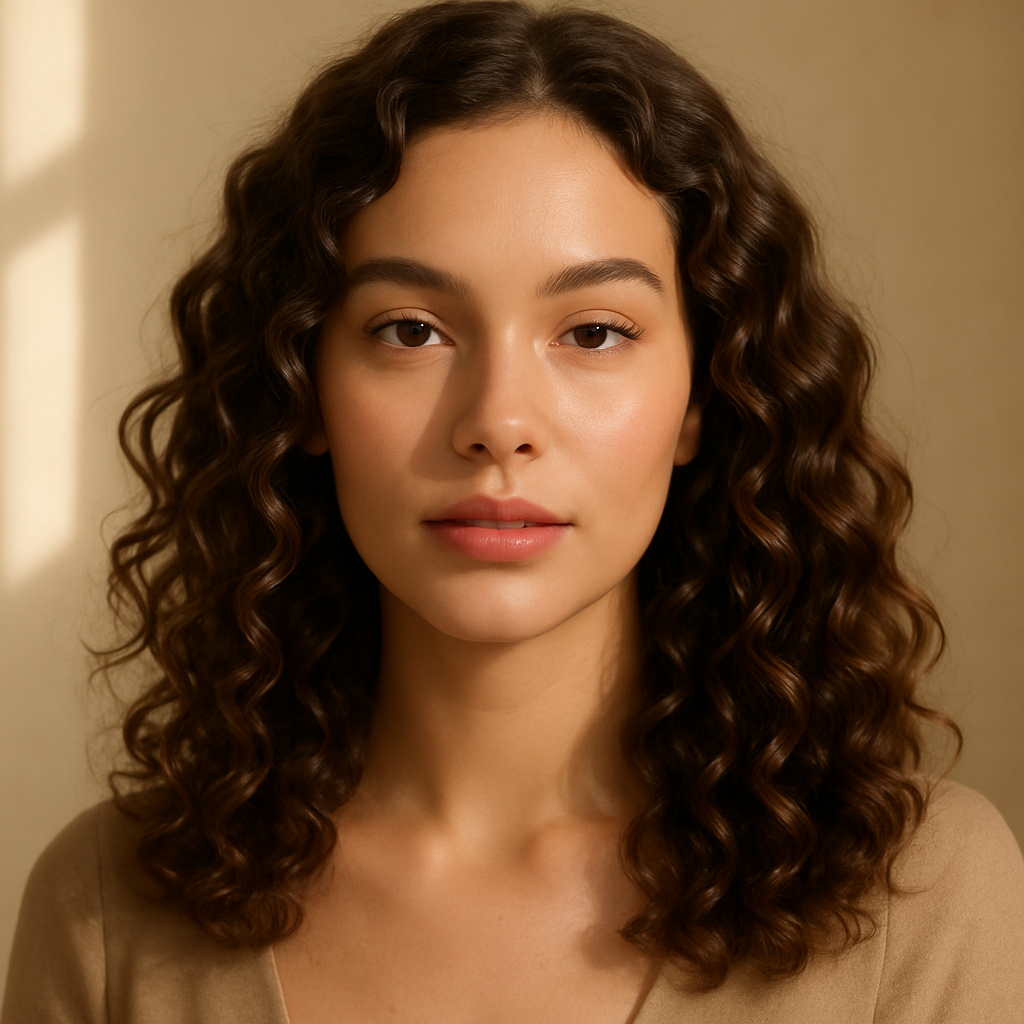 Woman with soft natural makeup and glossy curly hair against minimal warm beige background under soft natural lighting.