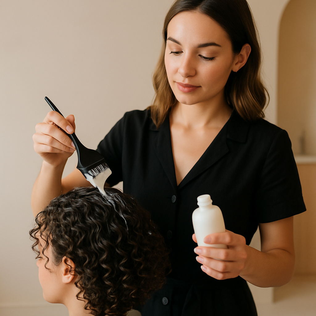 Beauty stylist applying hydrating treatment to curly hair in a minimal clean salon with warm beige accents under soft natural lighting.